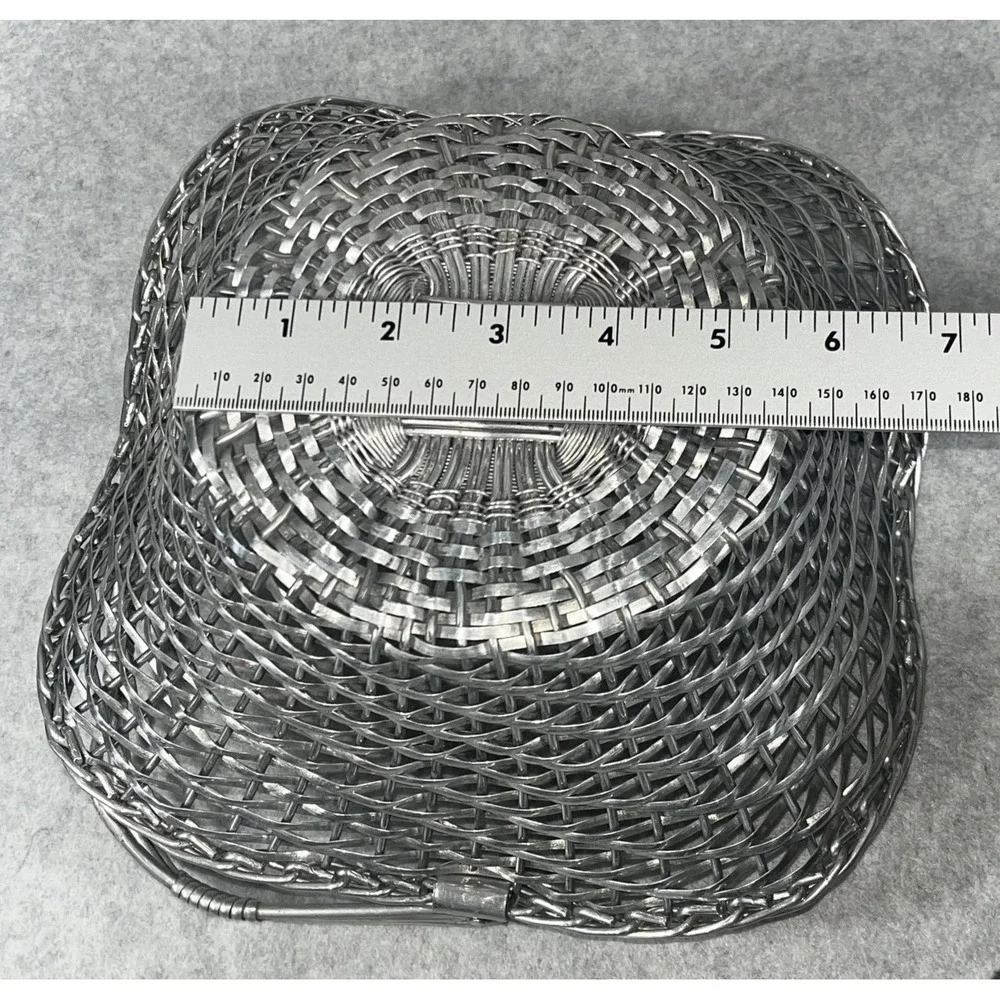 VTG Silver Tone Metal Woven Wire Basket With Fold Down‎ Handle Decor Centerpiece